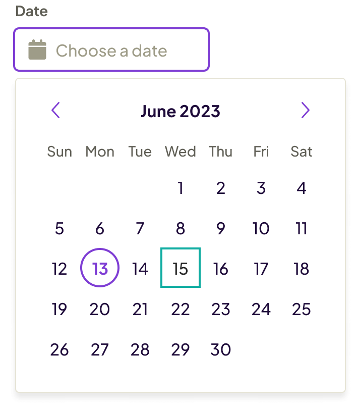 3. Use the arrow keys to move around the calendar dates and month left/right navigation.