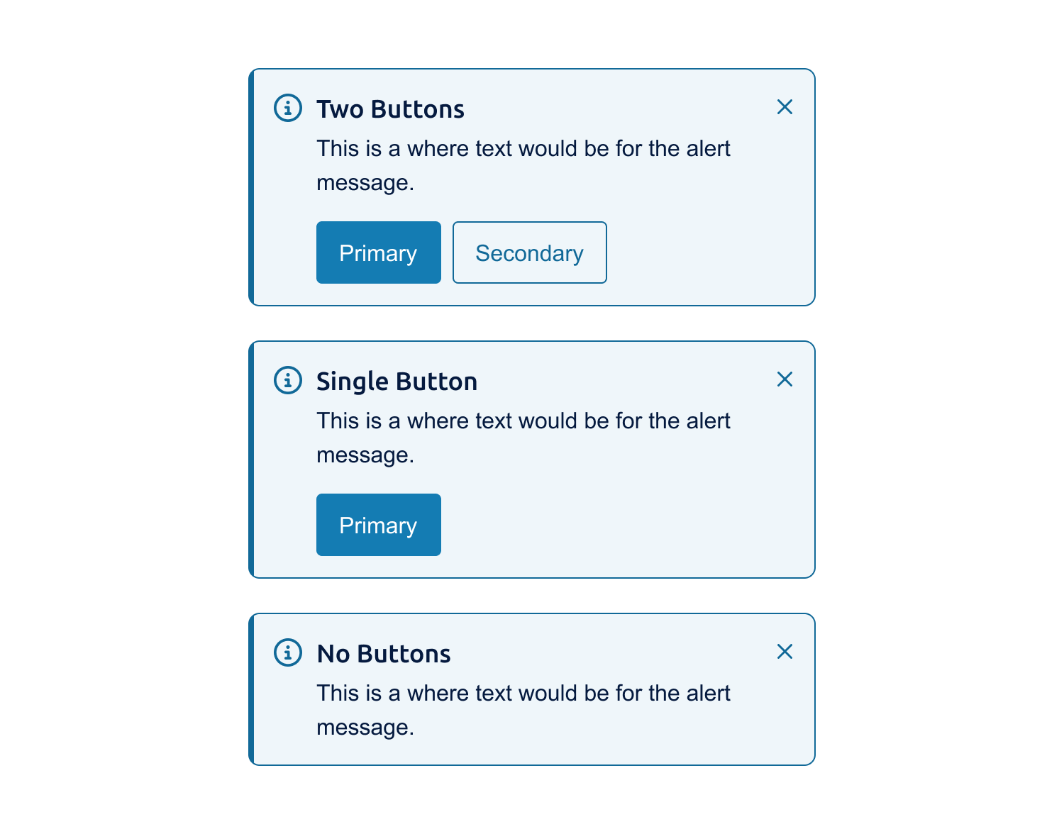 Examples of the alert component for web and the various button combinations
