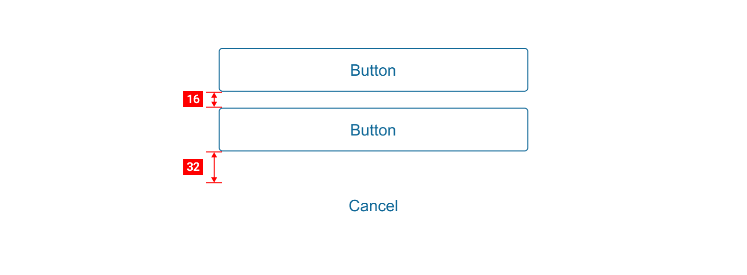 Secondary and tertiary buttons stacked vertically with spacing annotated