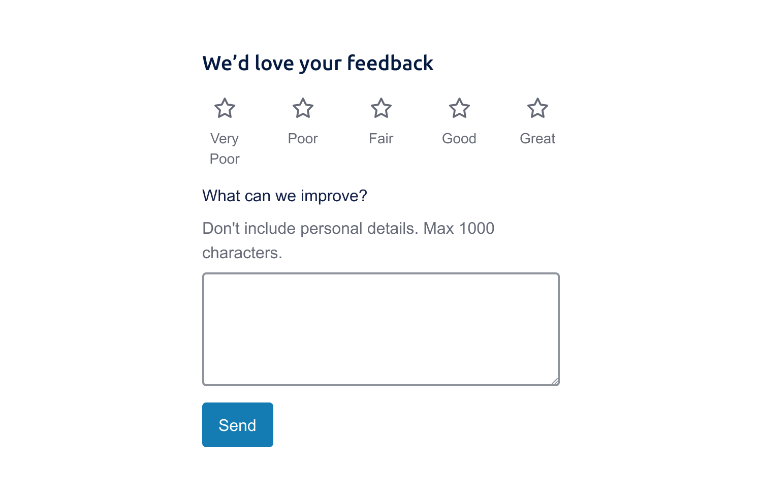 Example of the form part of the service that asks for user feedback in a star rating input and a text area