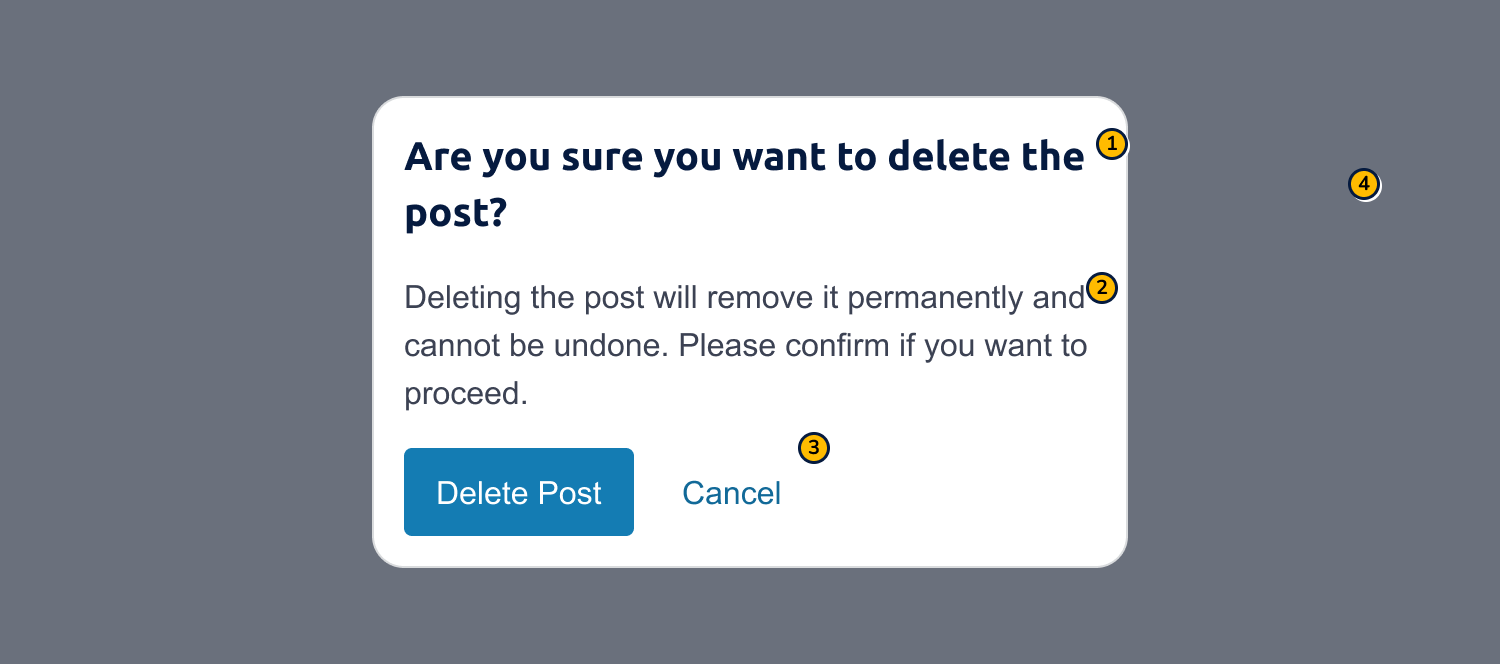 Example of a React Native alert dialog asking a user if they wish to delete a post