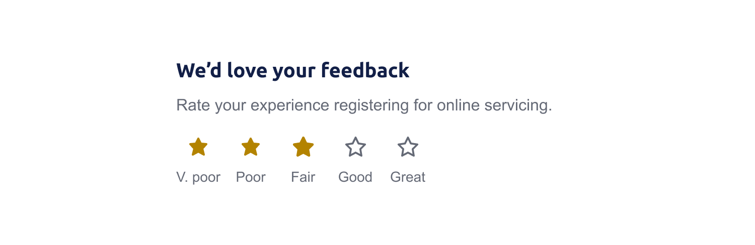Example of a star rating input group using a legend and helper text to ask a user for feedback