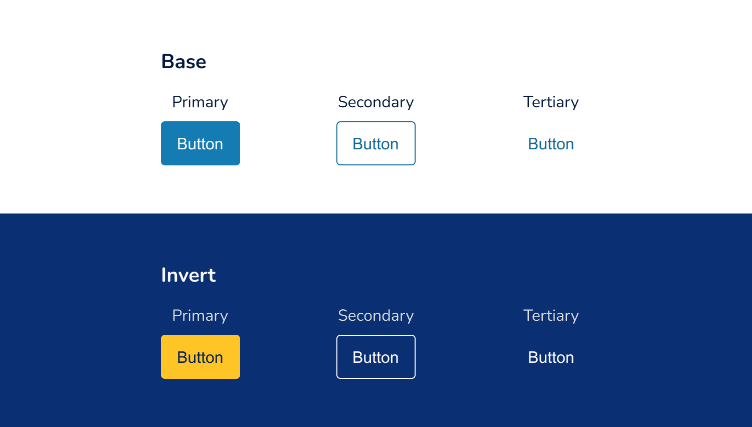 Examples of Primary, Secondary and Tertiary button variants on default and inverted surfaces