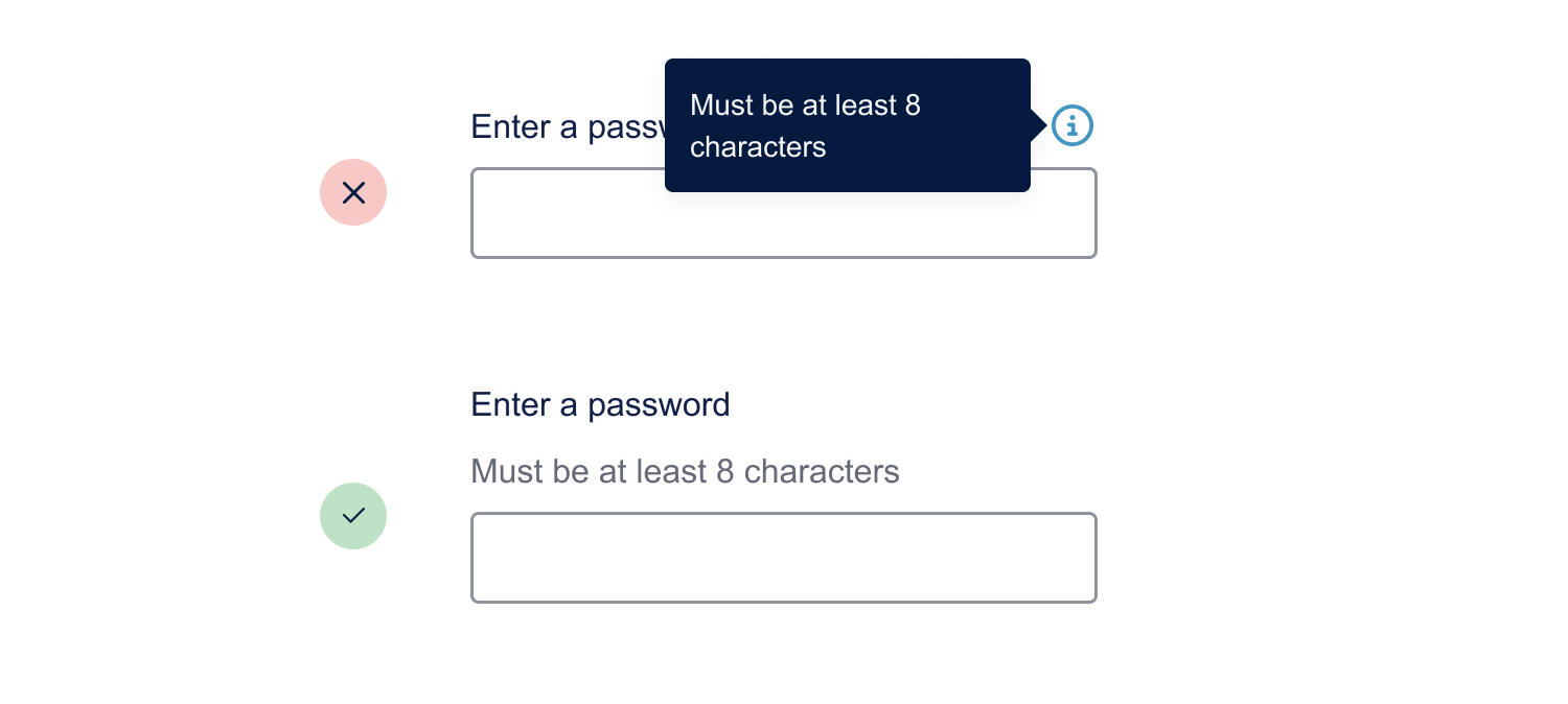 Examples of an enter password incorrectly using a tooltip over a form with helper text