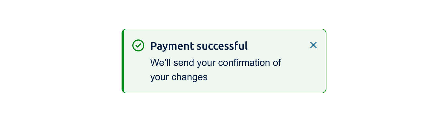 Example of the alert component for web in the success variant