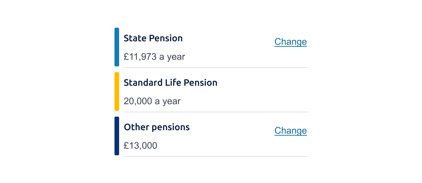 Example of a summary list collection with the key variant showing three pensions. Two pensions have the option to change details, the third doesn't