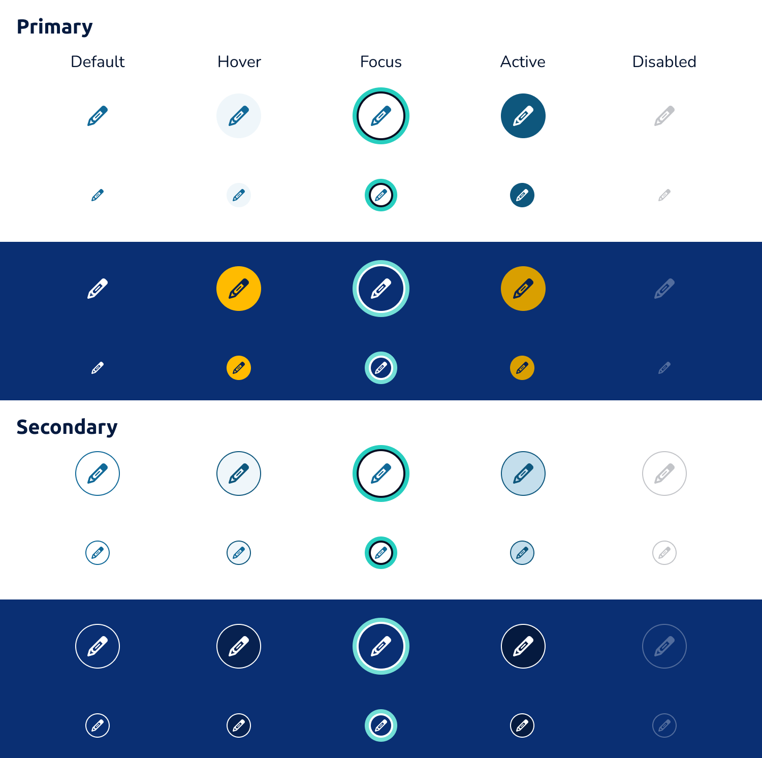 Collection of the icon buttons presented with all sizes and states on both surfaces