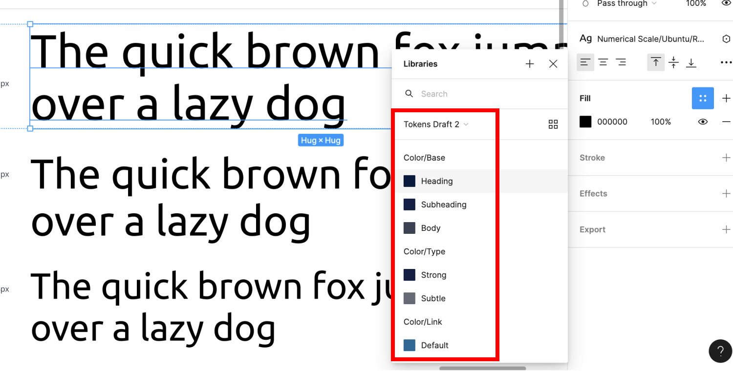 Colour tokens have a square preview swatchs, styles are circular swatches