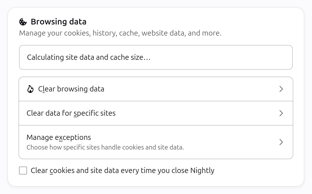 Cookies, History, and Site Data including sub-page links to clear and manage browsing data