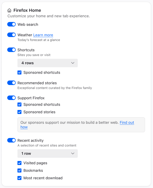 New Tab customizations within about:settings