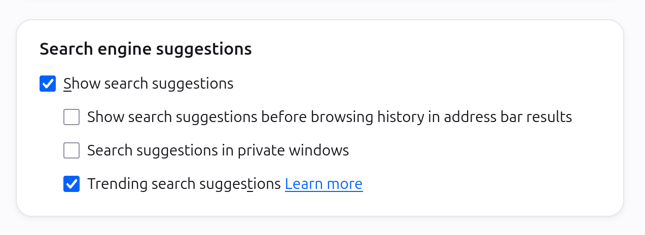 Nested customizations witthin "Search engine suggestions" settings