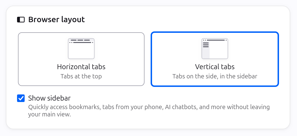 Browser layout settings containing sidebar customization settings
