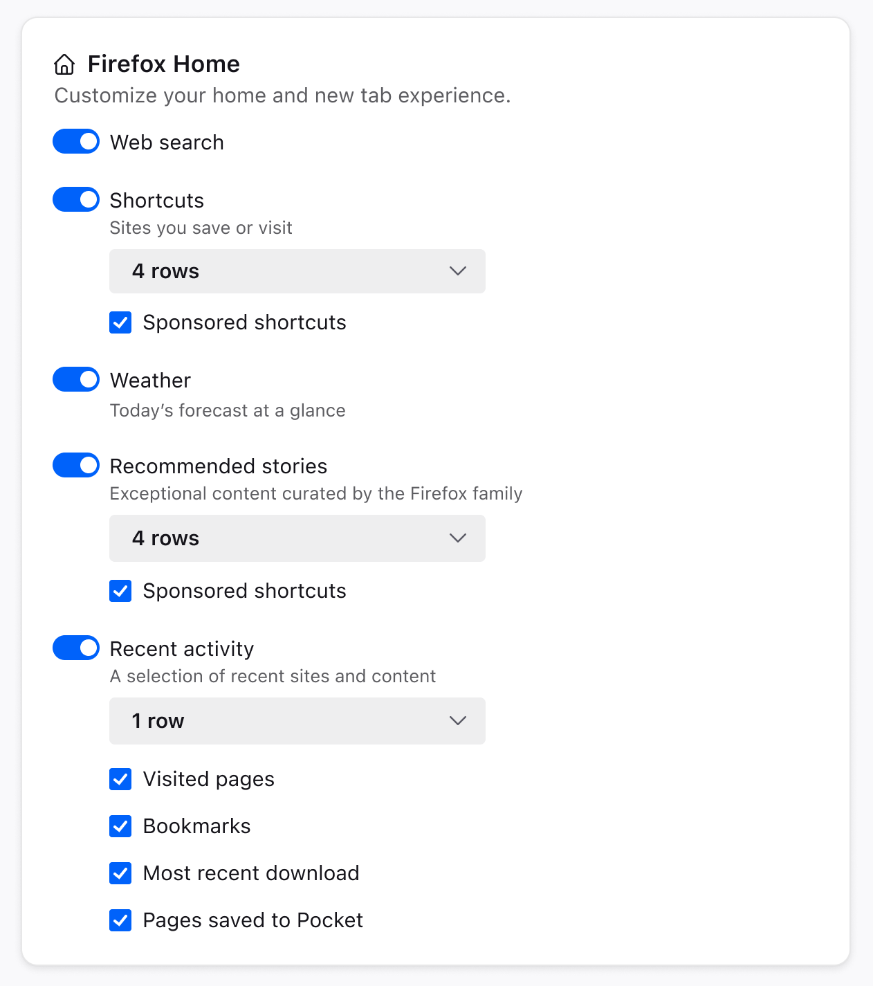 New Tab customization options within about:settings