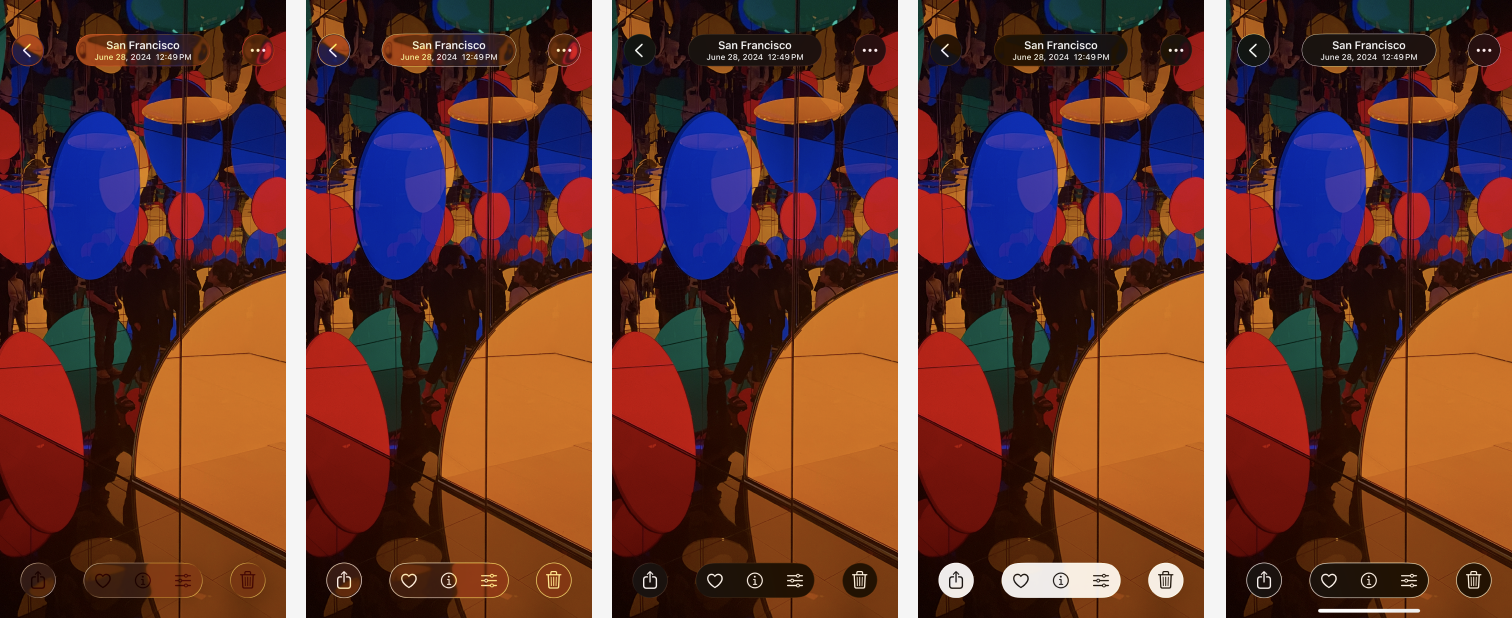 From left to right: Default, Show Borders: On, Reduce Transparency: On, Increase Contrast: On, All on