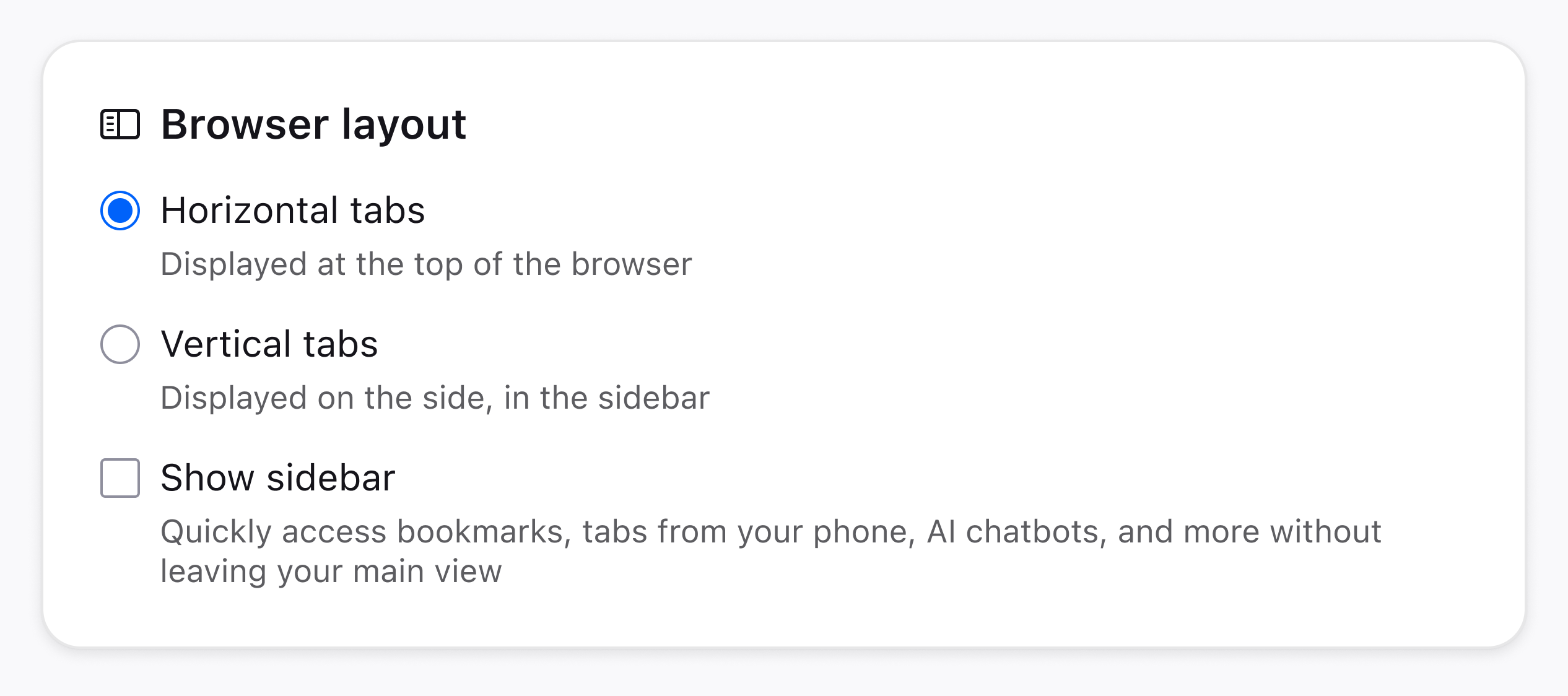 Browser layout settings containing sidebar customization settings