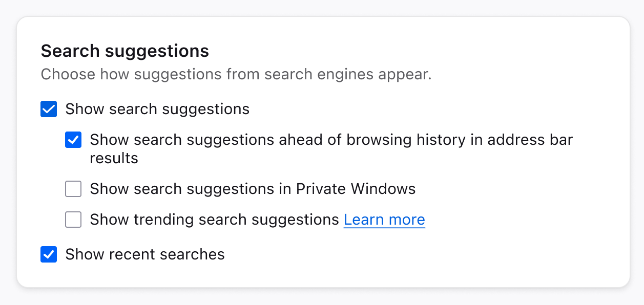 More detailed customization options nested under Search suggestions settings