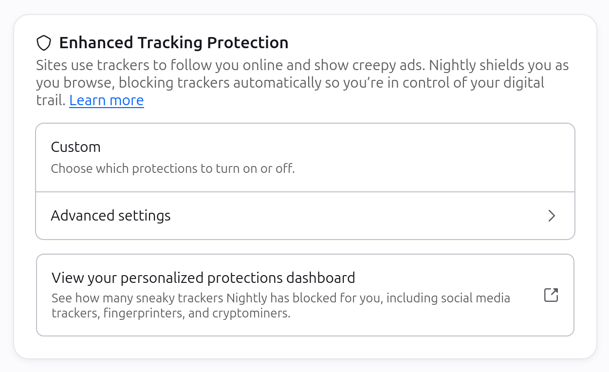 Enhanced Tracking Protection with descriptive text and a learn more link