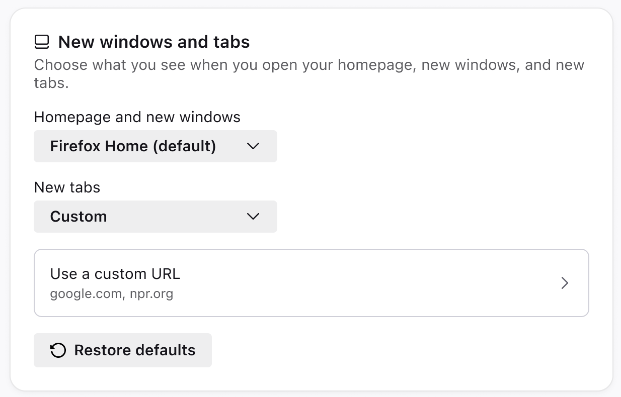 Restore New windows and tabs default appearance