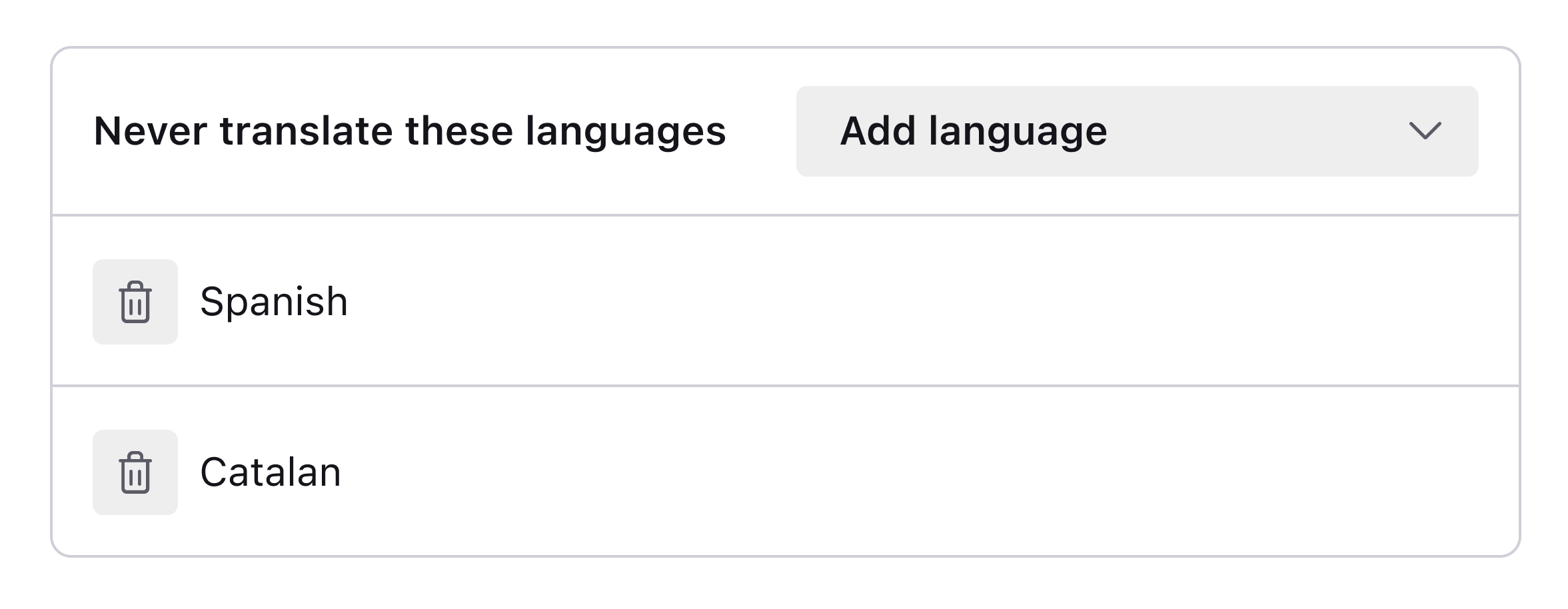 A table for containing languages to never translate