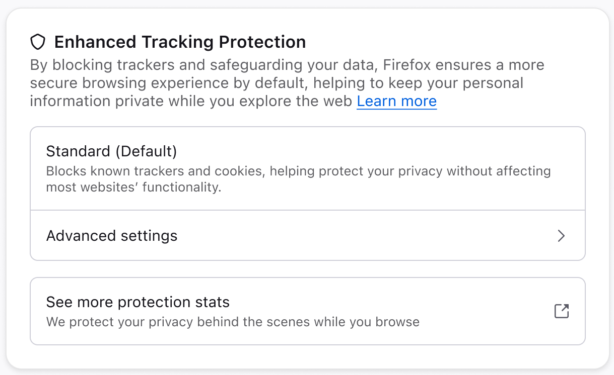 Enhanced Tracking Protection with descriptive text and a learn more link