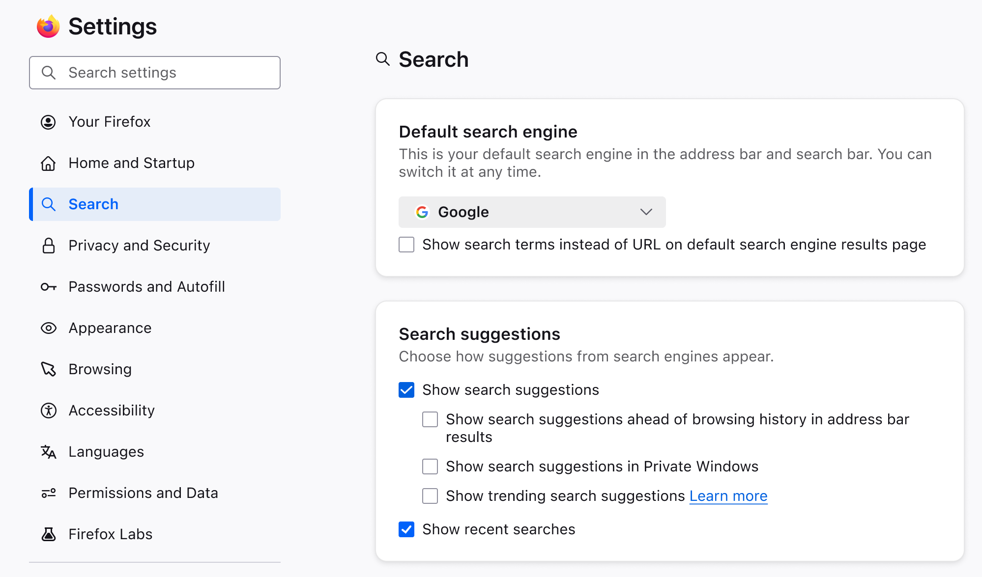A picture of the Search category settings