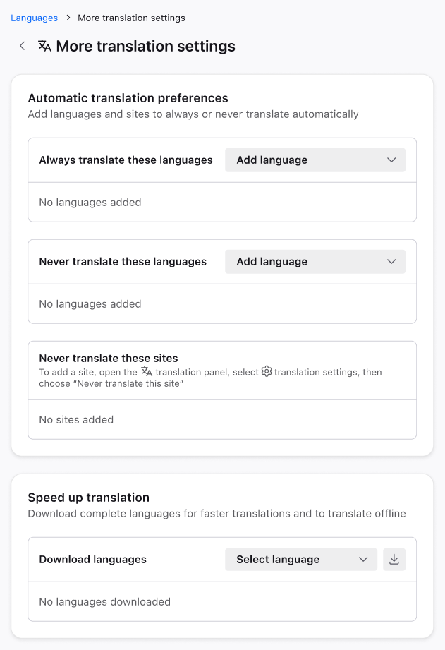 Translations preferences within a sub-page