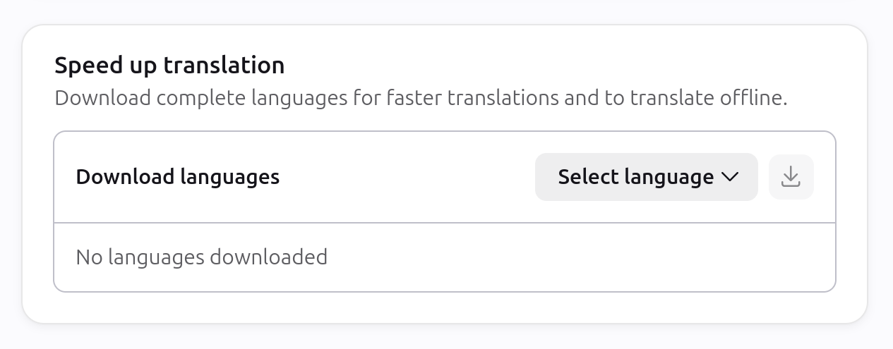 Inline "Download languages", language dropdown, and download button within Translations settings