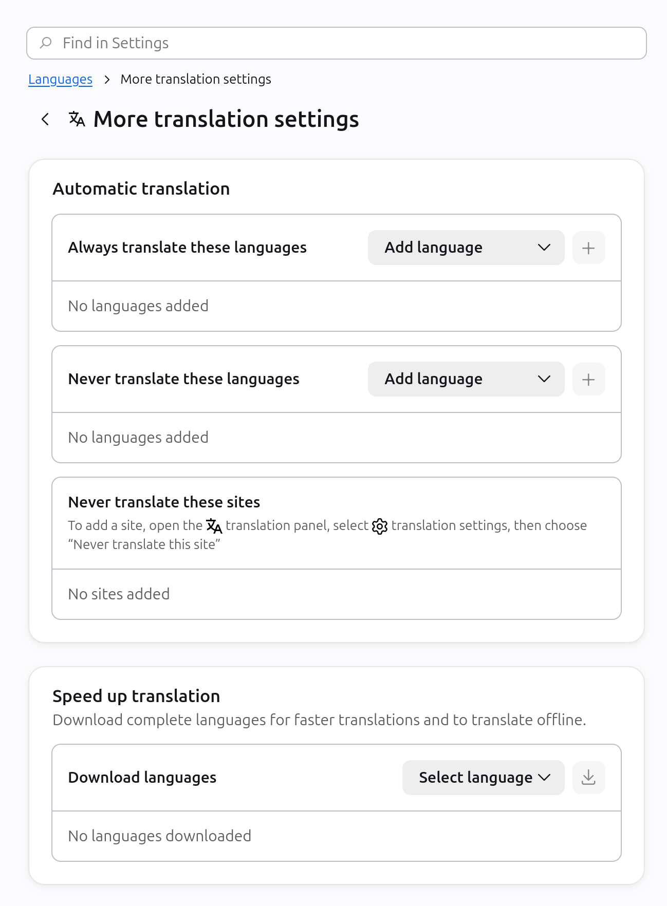 Translations preferences within a sub-page
