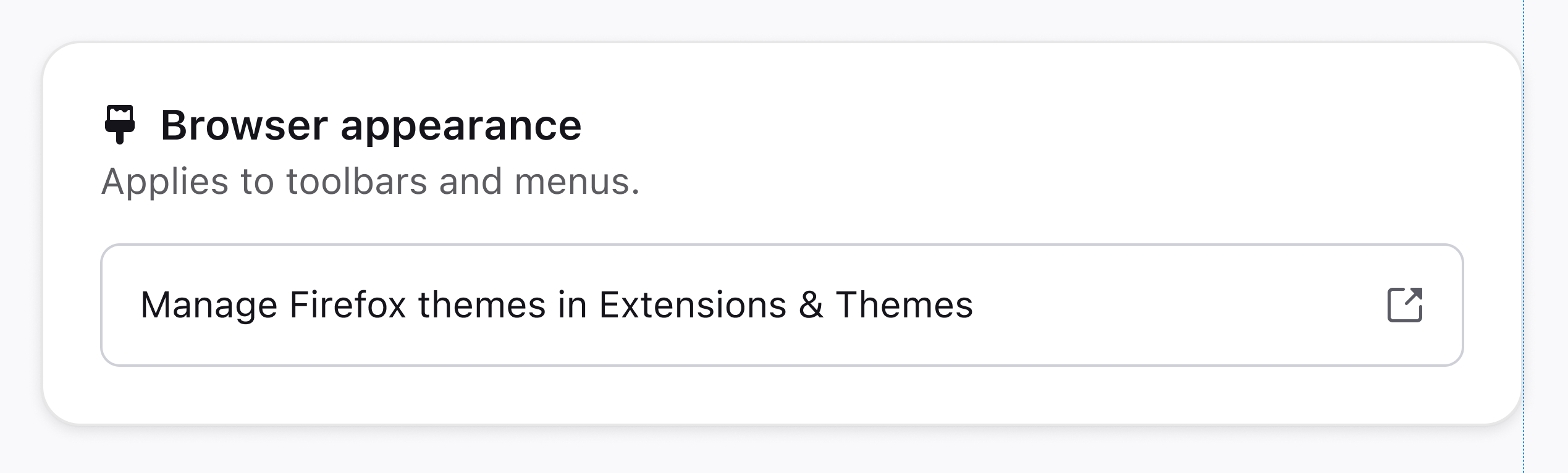 Browser appearance settings link out to Extensions and Themes
