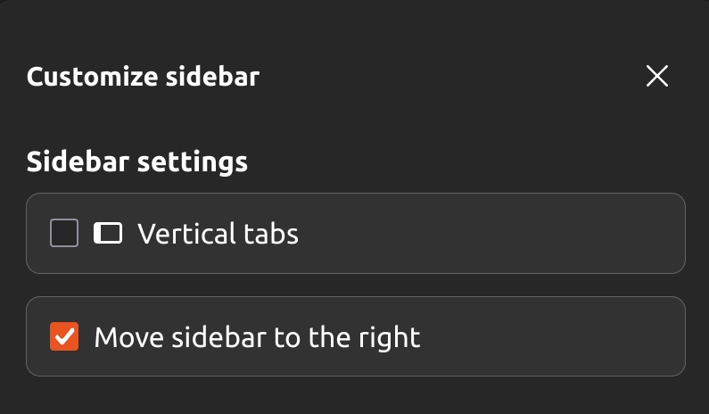 Sidebar customization settings within the sidebar