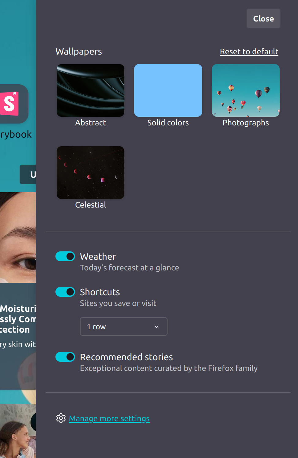 New Tab customization options in-context within a drawer