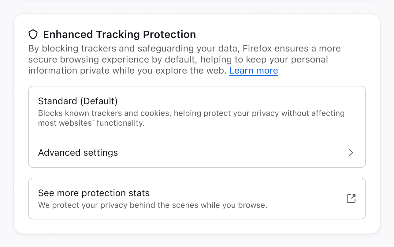 Enhanced Tracking Protection with descriptive text and a learn more link