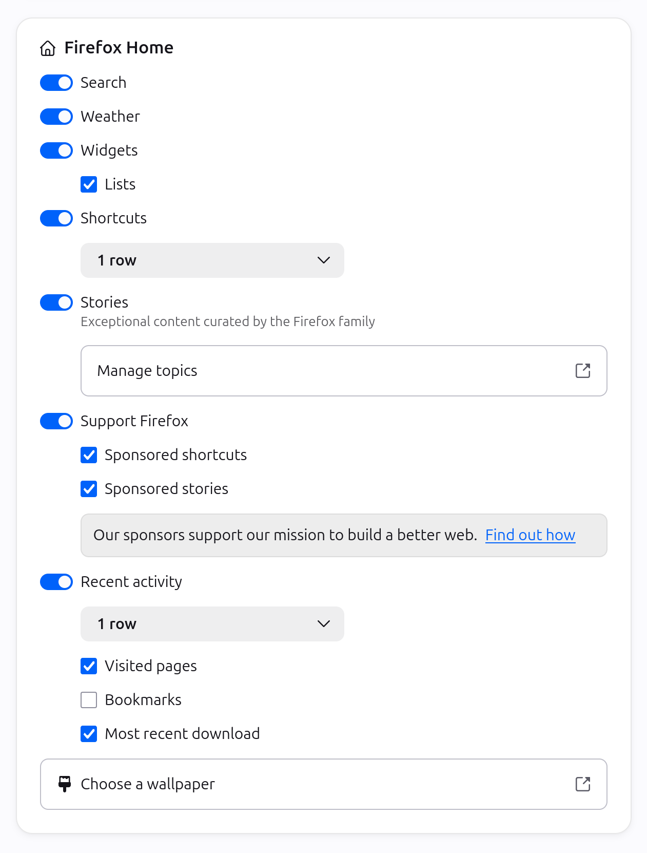 New Tab customizations within about:settings