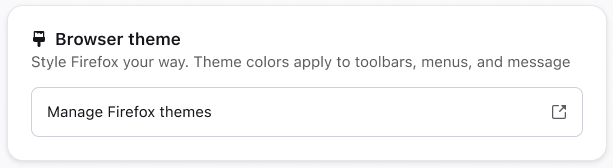 Appearance settings link out to about:addons