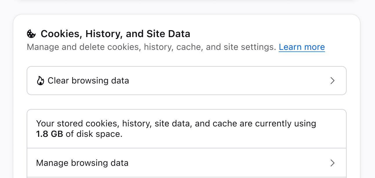 Cookies, History, and Site Data including sub-page links to clear and manage browsing data