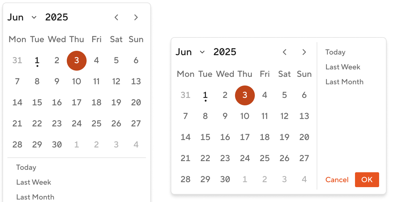 Calendar - Props - controls placement