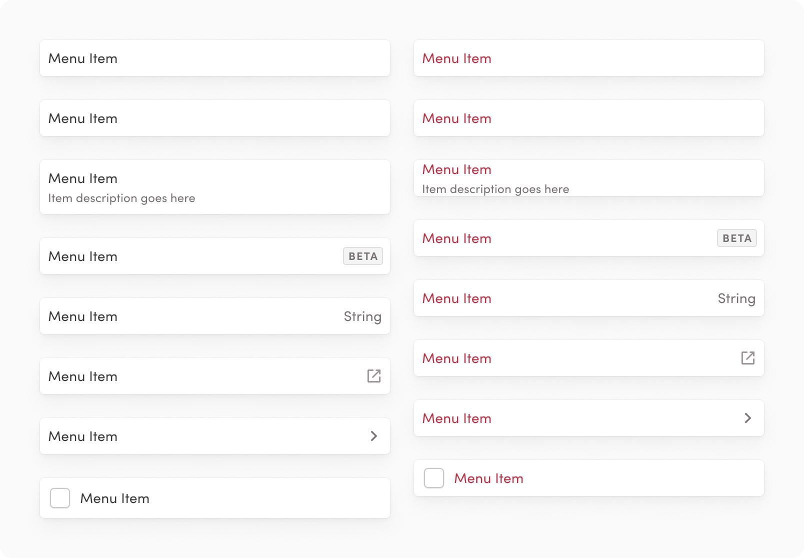 Action Menu item props