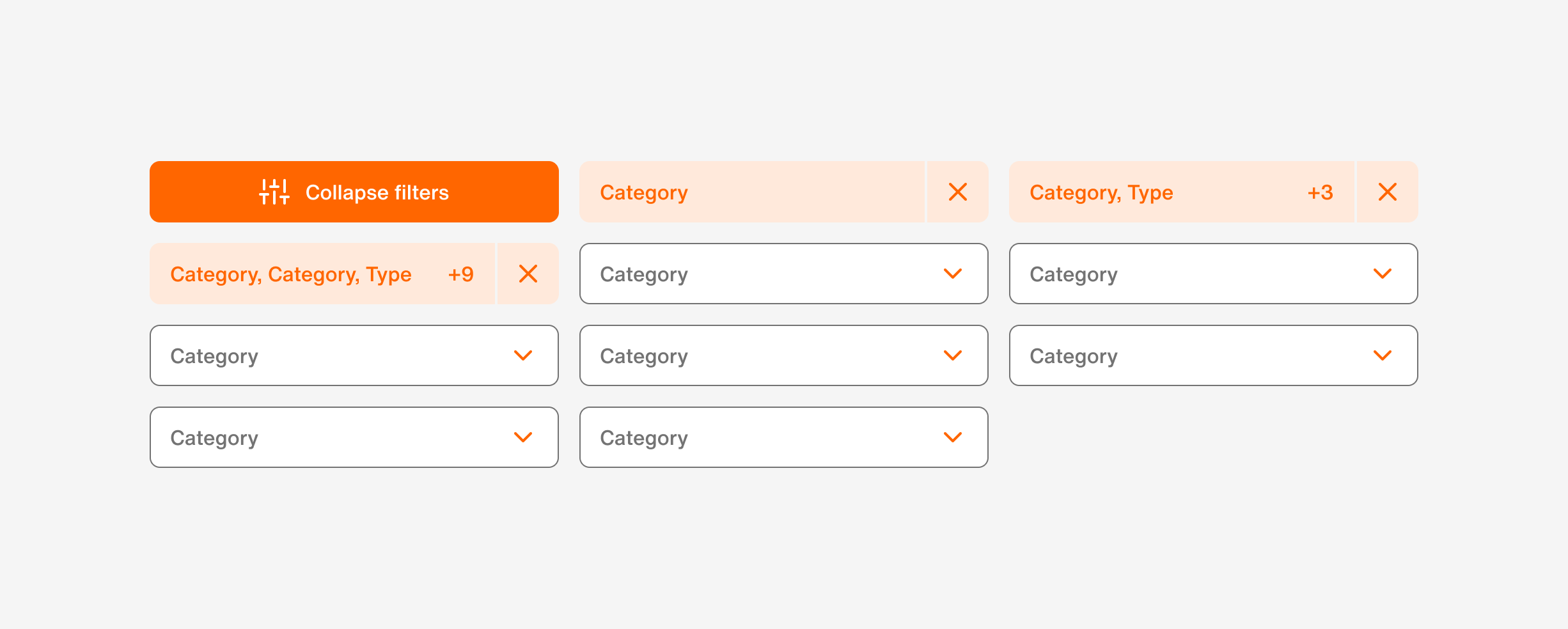 filter group, expanded - shows most all available filters
Currently, MDX only offers this form of showing more filters, though it is optional to show all available filters in an overlay or drawer.