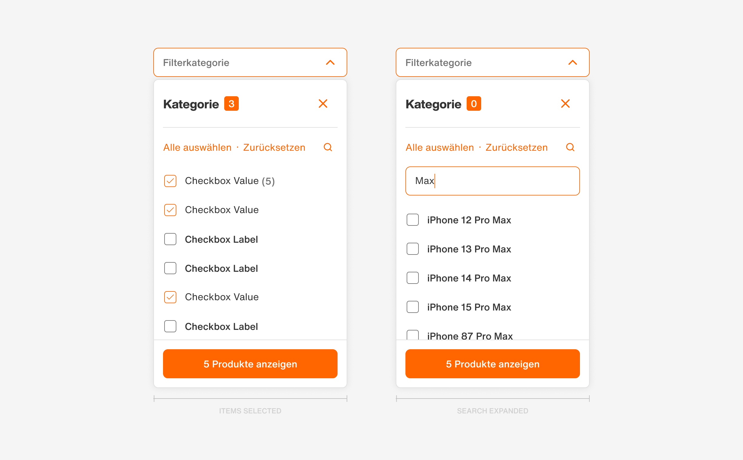 [left] options selected; [right] search expanded