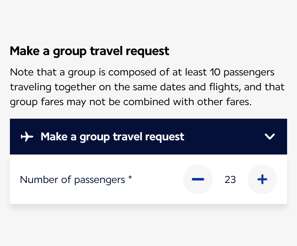 Incorrect example of a group travel request section. A title ‘Make a group travel request’ is shown with a subtitle explaining that a group includes at least 10 passengers traveling together on the same dates and flights. An expandable titled ‘Make a group travel request’ is open. Inside, a Number Input labelled ‘Number of passengers’ uses the minimal style and displays the value 23, with minus and plus buttons on each side.