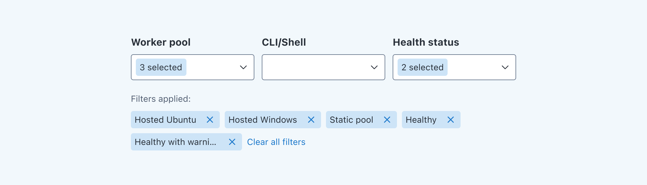 Three filtering MultiSelects with several options selected. Below, there's a section visualizing applied filters with the option to clear them all.