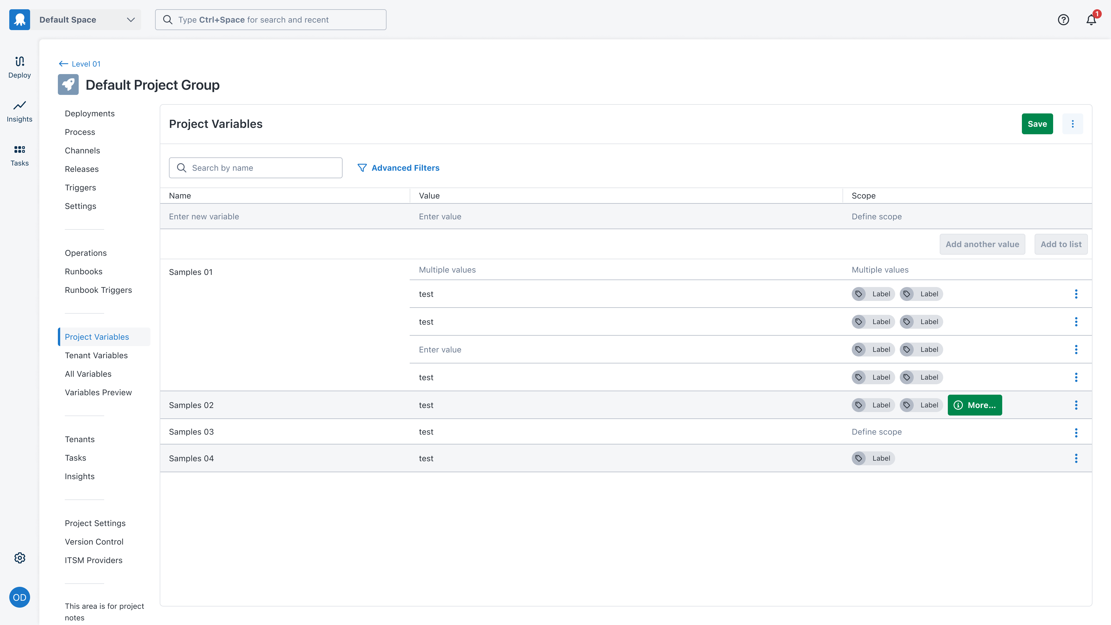 Projects / Project / Project Variables