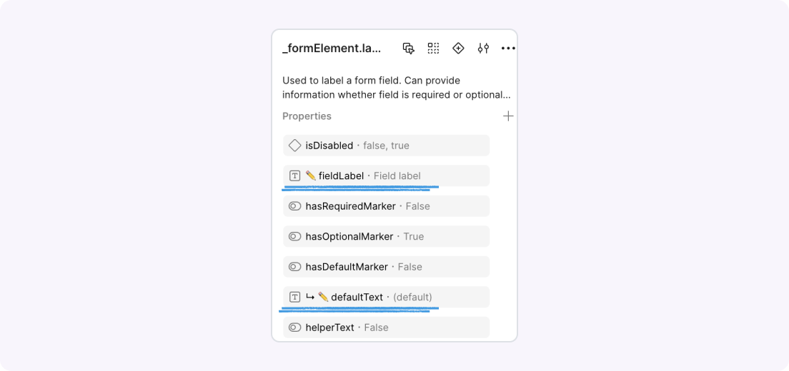 Figma’s UI showcasing two textual properties named "✏️ fieldLabel" and "↳ ✏️ fieldValue".