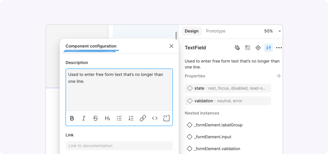 Figma UI showcasing component configuration, focused inside a textarea field that has a description of the component.