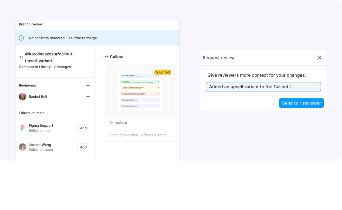 Figma UI with the Branch review modal, showcasing the branch with new changes and selected Reviewer. Next to it, there's a small modal entitled "Request review" with a short description of the proposed change.