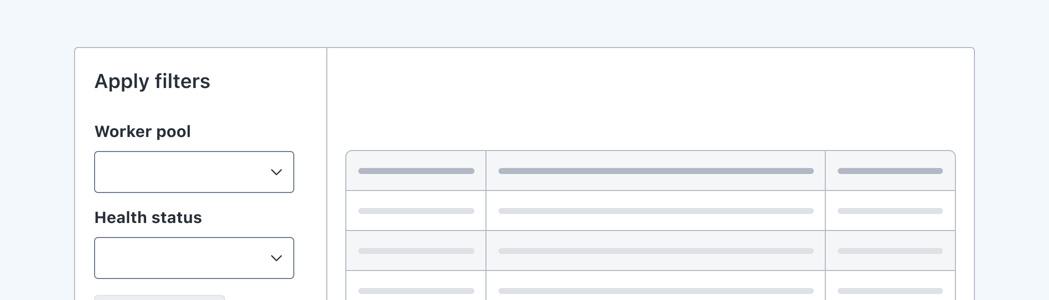 High fidelity wireframe showing filters to the left hand side of the page layout with a table to the right hand side.