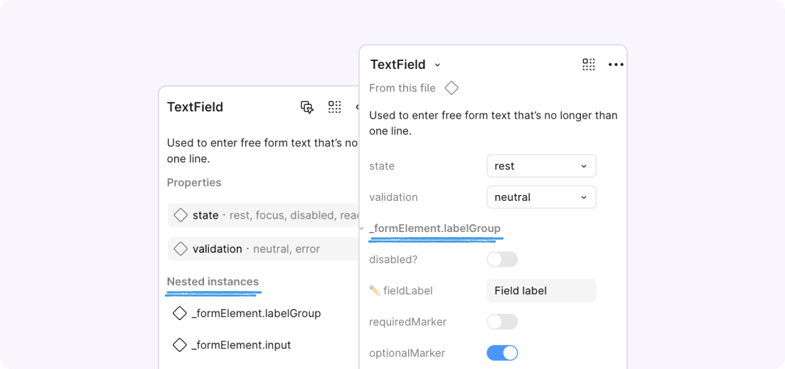 Figma’s UI showing a list of nested instances for a component (labelGroup and input for a TextField) and their exposed properties.
