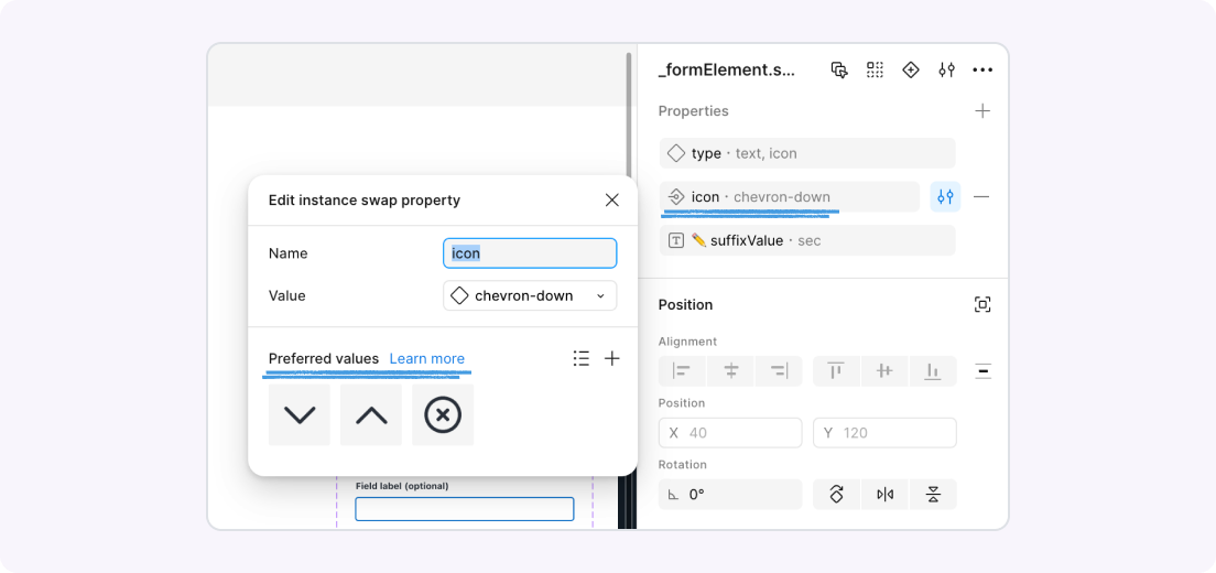 Figma’s UI showcasing instance swap property modal with a property name of icon, value of "chevron-down" and several preferred icon values.