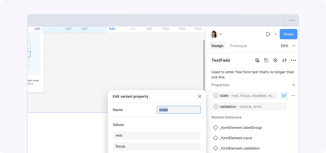 Figma’s UI showcasing a component with an open "edit variant property" modal with a property named "state" and rest and focus states.