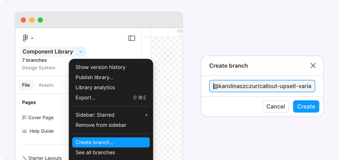 Figma UI with focus on dropdown next to the file name with "Create a branch" option focused. Next to it, there's a small modal entitled "Create a branch" with an an example name of "@karolinaszczur/create-an-upsell-variant".